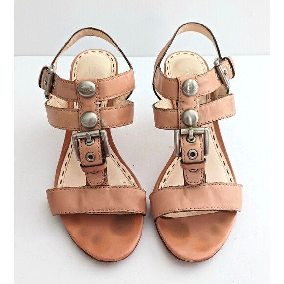 Coach T Strap Tan Leather Sandals Silver Buckle Studs Wood Stiletto Heel Sz 6.5 - Picture 2 of 10